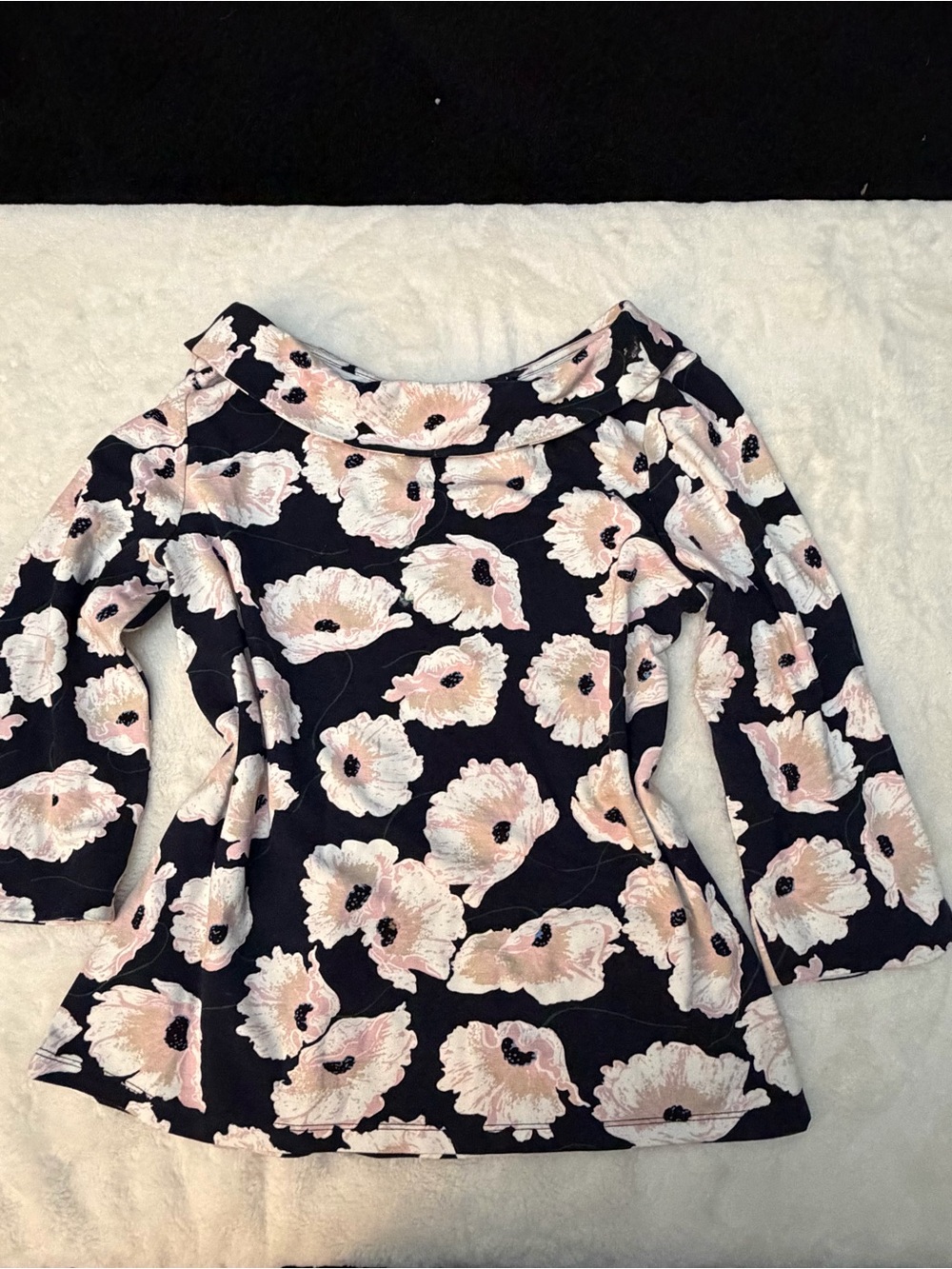 Ann Taylor Navy Floral Off-Shoulder Tunic with Blush Flowers